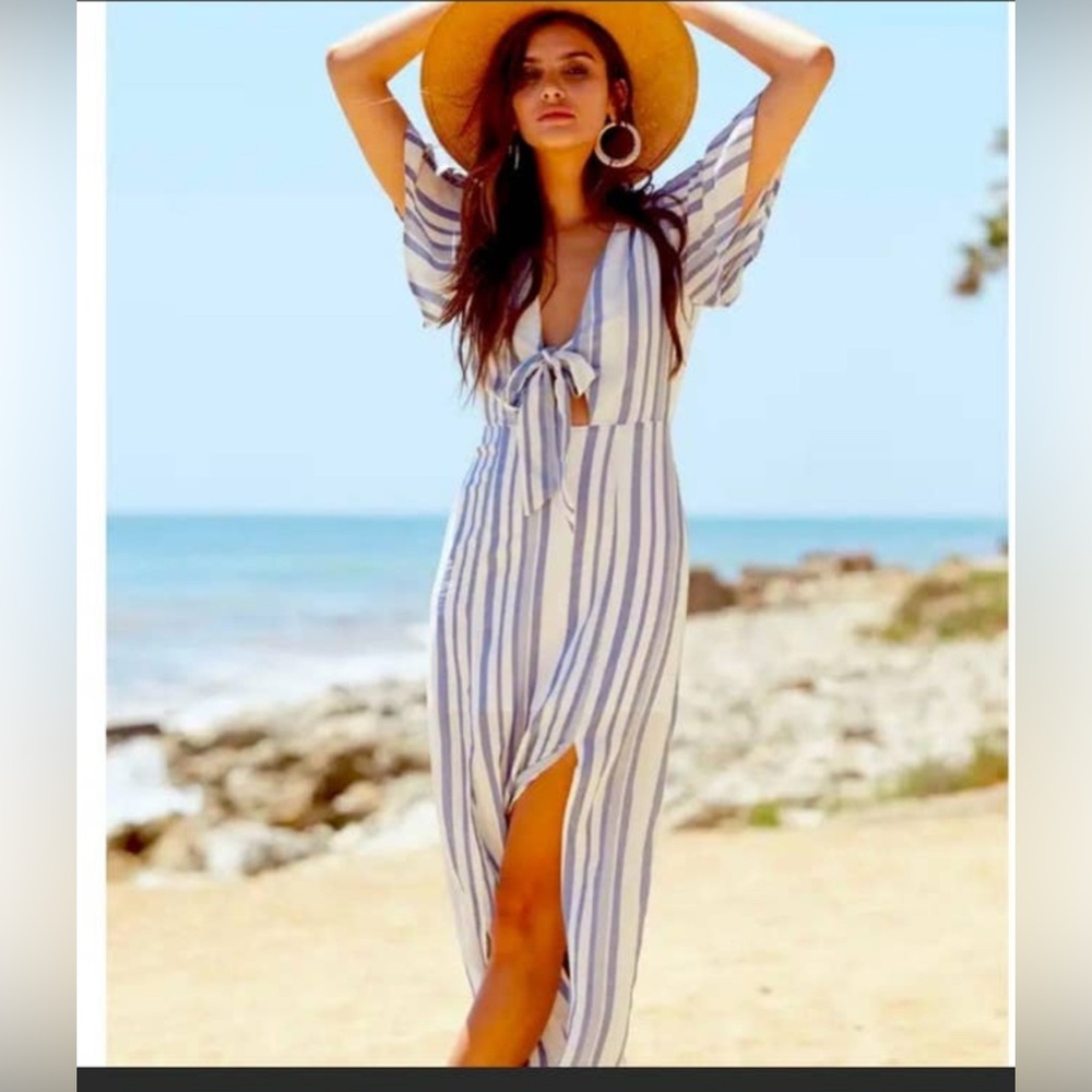 Lost and Wander Marina maxi dress blue and white stripe tie front size Smll EUC - Picture 2 of 6